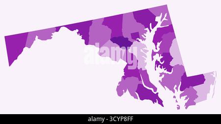 Carte du Maryland avec les comtés. Juste une simple carte de la frontière de l'État avec la division du comté. Palette de couleurs violettes. Illustration de Vecteur
