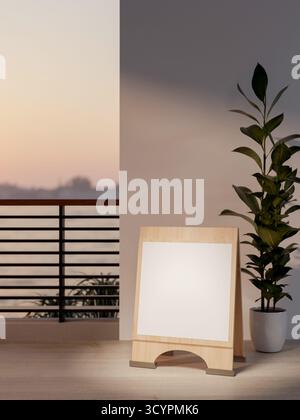 Panneau en bois vierge placé devant le mur blanc et la plante en pot près de la terrasse avec vue sur la rivière. Maquette publicitaire, rendu 3D, illustration 3D. Banque D'Images