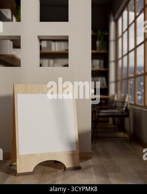 Panneau blanc placé sur plancher en bois à l'entrée d'une bibliothèque ou d'une salle de café avec de la neige tombant à l'extérieur. Maquette publicitaire, rendu 3D, illustrations 3D. Banque D'Images