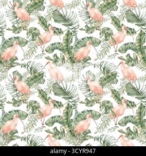 Motif sans couture jungle exotique isolé sur blanc. Ibis rose et palmiers aquarelle peinte à la main. Fond répété de motif tropical pour le tissu Banque D'Images