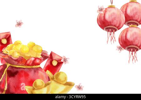 Modèle de bannière festive de style chinois avec des lanternes rouges, lingot d'or, pièces de monnaie dans le sac, illustration d'aquarelle de poches rouges. Cadre dessiné à la main pour Lunar New Banque D'Images