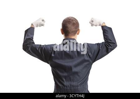 Vue arrière d'un travailleur dans un muscle uniforme fléchissant isolé sur fond blanc Banque D'Images