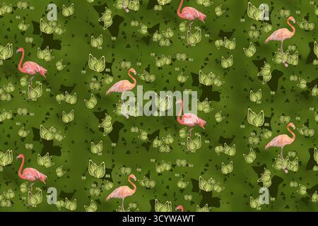 Motif sans couture avec des flamants roses sur un fond de feuillage vert. Contraste des couleurs. Banque D'Images