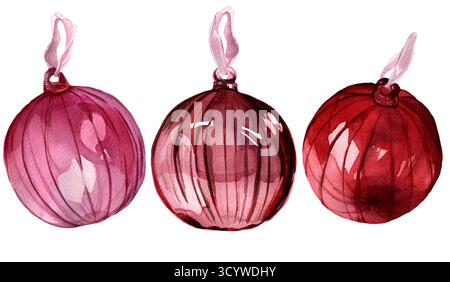 Ensemble de boules d'arbre de Noël en verre aquarelle, modèle de décor. Illustration du nouvel an dessinée à la main. Arbre de Noël transparent rose brillant et rouge brillant t Banque D'Images