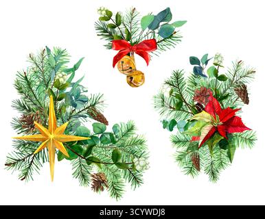 Et des compositions de Noël d'hiver. Branche d'épicéa aquarelle, pomme de pin, arc rouge et étoile dorée en bouquet. Modèle pour décor de saison, invitations, Banque D'Images