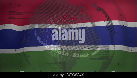 Affichage du globe numérique planant au-dessus du drapeau gambien, avec du code binaire flottant et du texte Chain Block. Drapeau national, technologie numérique, globe, données vi Banque D'Images
