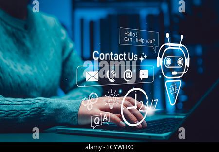 Concept de support de contact AI chatbot. Personne tapant sur ordinateur portable avec icônes d'assistant virtuel, représentant le service à la clientèle 24/7, l'automatisation, l'assistance Banque D'Images
