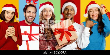 Collage de personnes célébrant le nouvel an avec des cadeaux festifs et des expressions joyeuses Banque D'Images