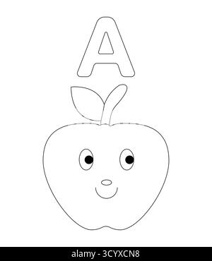Drôle de personnage de pomme avec la lettre Un contour pour les enfants coloriant la page de livre et éducatif Illustration de Vecteur
