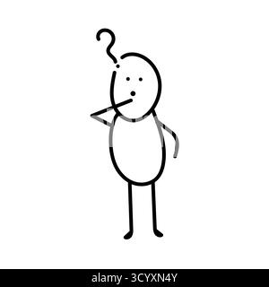 Figurine en bâton confus avec point d'interrogation au-dessus de la tête. Dessin à la main dessin de personnage illustration symbolisant le doute, la curiosité, ou le concept de pensée Illustration de Vecteur