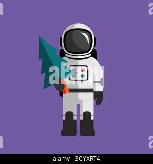 Astronaute dans la combinaison spatiale tenant un arbre de noël festif sur illustration vectorielle de fond violet Illustration de Vecteur