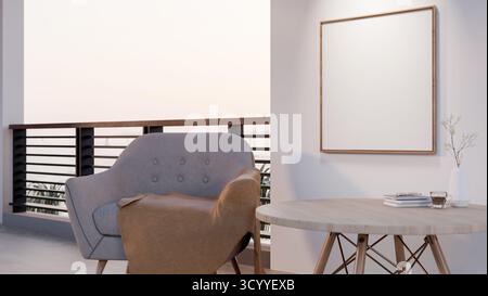 Cadre en bois vierge accroché sur un mur blanc au-dessus d'une table en bois et fauteuil avec couverture près du balcon. Maquette publicitaire, rendu 3D, illustration 3D. Banque D'Images