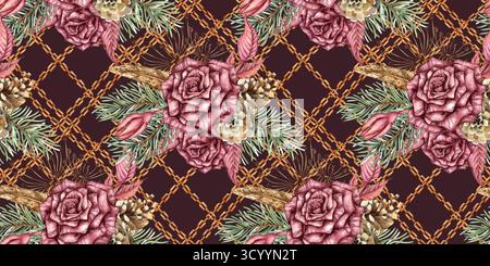 Roses de Bourgogne, branches de sapin, cônes, branches sèches, fleurs séchées, feuilles et chaînes modèle sans couture, illustration d'aquarelle. Isolé Deep Maroon, s Banque D'Images