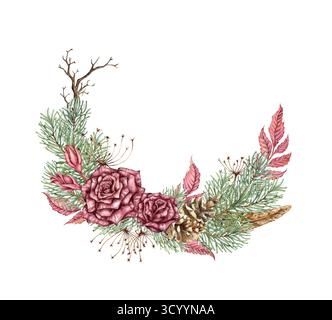 Couronne de roses Bordeaux, branches de sapin, cônes, fleurs séchées, branches sèches et plumes. Illustration aquarelle dans le style steampunk pour Noël et Banque D'Images