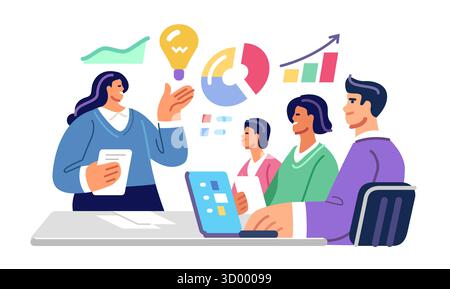 Réunion d'affaires. Séminaire ou entreprise d'enseignement. Cours financier pour les employés, marketing et présentation des ventes Illustration de Vecteur