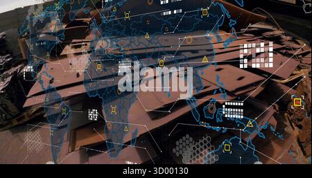 Affichage de piles de plaques rouillées projetant des ombres dans la cour de recyclage des métaux, avec superposition de carte du monde Banque D'Images