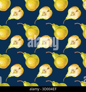 Motif aquarelle sans couture avec des poires jaunes. Poires entières et moitiés sur un fond sombre. Fond botanique sans couture avec des fruits de saison juteux Banque D'Images