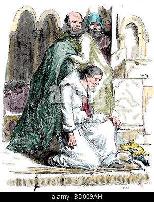 Louis le pieux (778-840) Fils de Charlemange. Pénitence publique devant l'église. Agenouillé. xixe siècle. Banque D'Images
