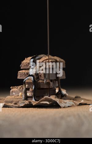 Chocolat cassé saupoudré de sirop à la table en bois sur fond noir Banque D'Images