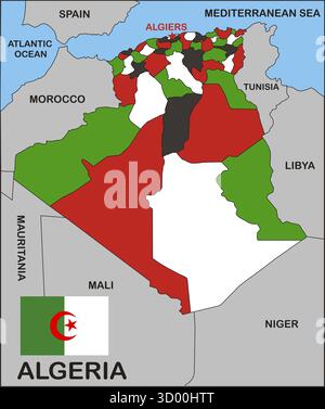 Carte politique du pays Algérie avec drapeau Banque D'Images