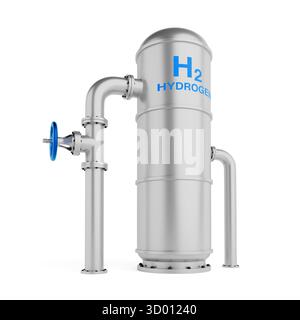 Concept de stockage d'énergie hydrogène. Réservoir d'hydrogène industriel métallique avec valve sur fond blanc. Rendu 3D. Banque D'Images