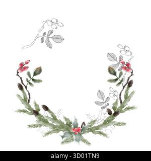 Illustration d'un arrangement de Noël dans un demi-cercle fait de branches de sapin et de baies rouges. Aquarelle et style graphique. Banque D'Images
