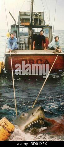 JAWS 1975 Universal Pictures film avec de gauche à droite : Robert Shaw, Roy Scheider, Richard Dreyfuss Banque D'Images