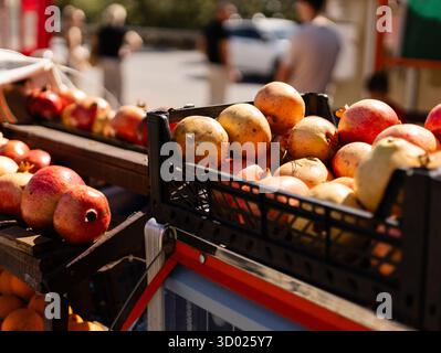 Des oranges et des grenades vives sont présentées sur un stand de marché animé avec des acheteurs naviguant à proximité sous le soleil chaud dans l'après-midi. Banque D'Images