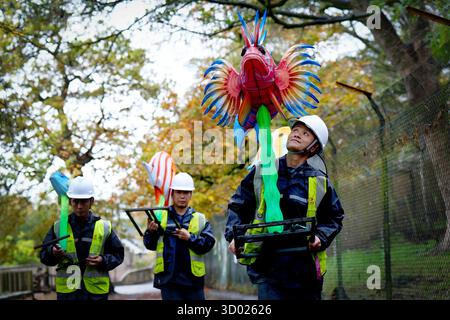 Des lanternes géantes sont installées au zoo d'Édimbourg pour le retour du sentier de la Royal Zoological Society of Scotland (RZSS), avec plus de 600 lanternes géantes sur le thème aquatique créées par une équipe de 20 spécialistes des lanternes de Zigong Lanterns en Chine, qui se déroulera à partir du 14 novembre. Les visiteurs du sentier pourront se promener à travers une énorme baleine et explorer un pays des merveilles sous-marin lumineux. Date de la photo : mardi 21 octobre 2025. Banque D'Images