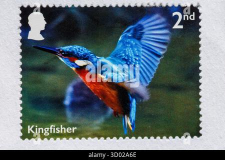Timbre Kingfisher de 2ème classe avec tête de rois collé sur enveloppe blanche - partie de la série commémorative River Wildlife 2023 - timbre-poste de 2ème classe Banque D'Images