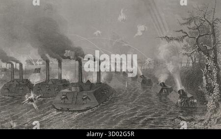 États-Unis. Guerre de Sécession (1861-1865). Bataille de l'île numéro dix. Engagement qui a eu lieu à New Madrid ou Kentucky Bend, un coude dans le fleuve Mississippi, qui forme la frontière entre le Missouri et le Tennessee. Elle a duré du 28 février au 8 avril 1862. L'île no 10, une petite île à la base d'un double virage serré dans la rivière, est tenue par les confédérés dès les premiers jours de la guerre. Cela entrave les tentatives de l'Union d'envahir le Sud par la rivière, car les navires ennemis doivent ralentir pour naviguer dans le virage. Prendre l'île Nº 10. Une flottille des canonnières de l'Union Navy et du mortier bo Banque D'Images