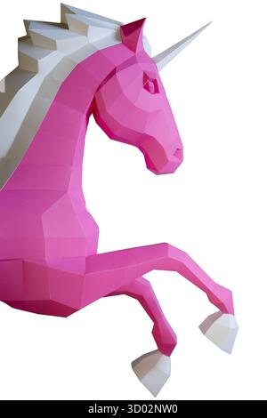 Geometric Pink Unicorn sculpture double fond. Sculpture de licorne géométrique audacieuse et moderne en blanc rose se dresse contre le dos violet rose fendu Banque D'Images