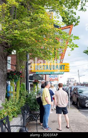 Grande enseigne jaune et verte montrant les passants et les clients potentiels il y a un restaurant dans 1000 îles qui vend des homards vivants du Maine. Banque D'Images
