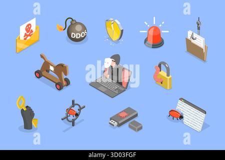 Ensemble plat isométrique 3D d'icônes de pirates informatiques, cybercriminalité Banque D'Images