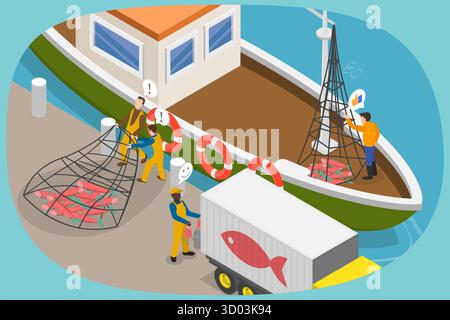 Illustration plate isométrique 3D de l'industrie de la pêche commerciale, navire de pêche net Banque D'Images