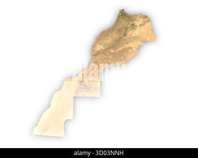 Carte réaliste du Maroc vu de l'espace découpé sur fond blanc. Éléments de cette image fournis par l'ESA. Banque D'Images