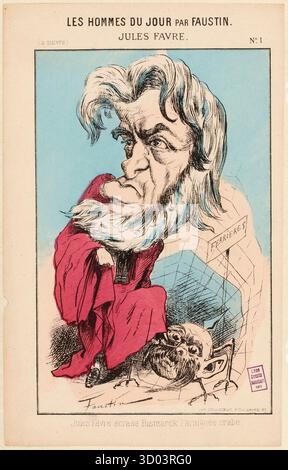 Les hommes du jour par Faustin, no 1 – Jules Favre, vers 1871, caricature satirique de Faustin Betbeder représentant l’homme d’État français Jules Favre écrasant Otto von Bismarck dépeint comme une araignée, un commentaire politique publié pendant la guerre franco-prussienne. Banque D'Images