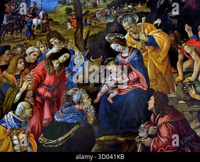 Le chef-d'œuvre de la Haute Renaissance dans votre photo est un gros plan recadré de « L'Adoration des Mages » (1496) par le célèbre peintre florentin Filippino Lippi. L'original en tempera grassa sur bois se trouve dans la collection permanente des Galeries Uffizi à Florence, Italie - Détail de L'Adoration des Mages 1496 tempera grassa sur peinture sur bois par le maître de la Renaissance italienne Filippino Lippi Galeries Uffizi Florence Italie. Banque D'Images