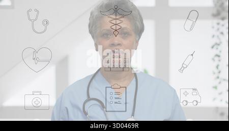 Infirmière debout portant des gommages bleus en clinique, avec stéthoscope et icônes médicales flottantes Banque D'Images