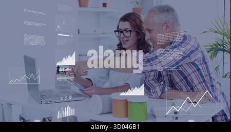 Collaborez avec des collègues dans des chemises à boutons et à carreaux, examinant des données au bureau avec des documents d'ordinateur portable Banque D'Images