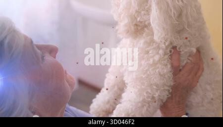 Homme senior en chemise bleu clair tenant petit chien blanc près du visage dans la maison doucement éclairée Banque D'Images