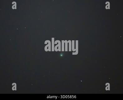 Wimbledon, Londres, Royaume-Uni. 21 octobre 2025. Comet Lemmon (C/2025 A6), ciel nocturne WNW capturé en une seule exposition de 3 sec avec un objectif Nikon PF de 500 mm. La prochaine visite de cette comète aura lieu dans 1 350 ans. Crédit : Malcolm Park/Alamy Live News Banque D'Images