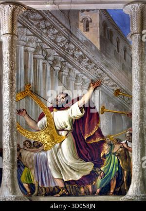 Le roi David dansant devant l'Arche d'Alliance (1816) (Re Davide Danza per il ritorno dell'Arca dell'Alleanza), peint par le maître célébré Luigi Ademollo (1764–1849). Cette coupe verticale dramatique met en lumière la section focale à l'intérieur de la Salle historique de l'Arche (Sala dell'Arca) dans la Galerie Palatine du Palais Pitti (Palazzo Pitti) à Florence, en Italie. Banque D'Images