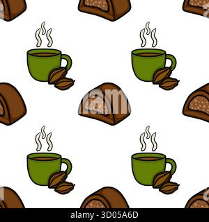 Délicieux motif vectoriel sans couture avec chocolat chaud à la vapeur dans des tasses vertes aux côtés de fèves de cacao et de riches confiseries au chocolat. Illustration de Vecteur