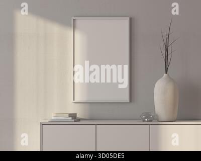 Affiche verticale blanche Frame Mockup pour l'art avec passepartout debout dans la chambre avec des vases. rendu 3d. Banque D'Images