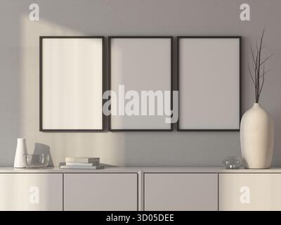 Trois cadres d'art d'affiche noir verticaux Mockup accrochés au mur, rendu 3D. Banque D'Images