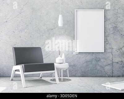 Cadre blanc avec maquette d'affiche accrochée sur le mur de béton. rendu 3d. Banque D'Images