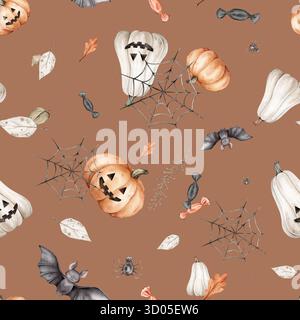 Ce motif d'Halloween avec divers éléments emblématiques chauves-souris et citrouilles. Fond sans couture parfait pour une utilisation dans les textiles, les papiers peints et festif Banque D'Images