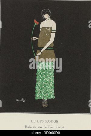 Illustration de mode intitulée le Lys Rouge, montrant une robe de soirée du designer Paul Poiret, de Gazette du bon ton, no 4, planche 38. La femme tient un lis rouge sur fond noir. 1914. Banque D'Images