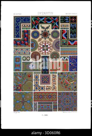 Motifs ornementaux byzantins de L’ornement polychrome d’Auguste Racinet, planche XXXI, avec des motifs géométriques et floraux détaillés dans des couleurs vives. Paris, édition anglaise 1877. Banque D'Images